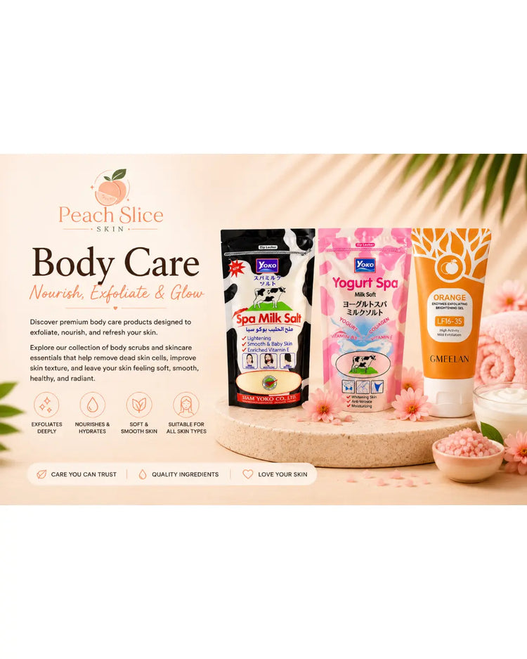 Body Care Collection at Peach Slice Skin featuring Yoko Spa Milk Salt Original, Yoko Spa Milk Salt Yogurt, and Orange Enzyme Exfoliating Gel for exfoliation, hydration, and smoother healthier-looking skin.