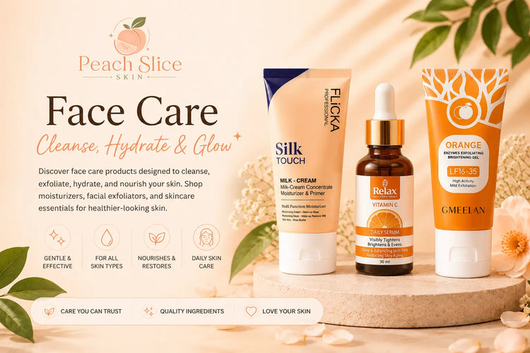Face Care Collection at Peach Slice Skin showcasing Flicka Silk Touch Milk Cream, Relax Vitamin C Serum, and Orange Enzyme Exfoliating Gel for daily skincare, hydration, and skin radiance.