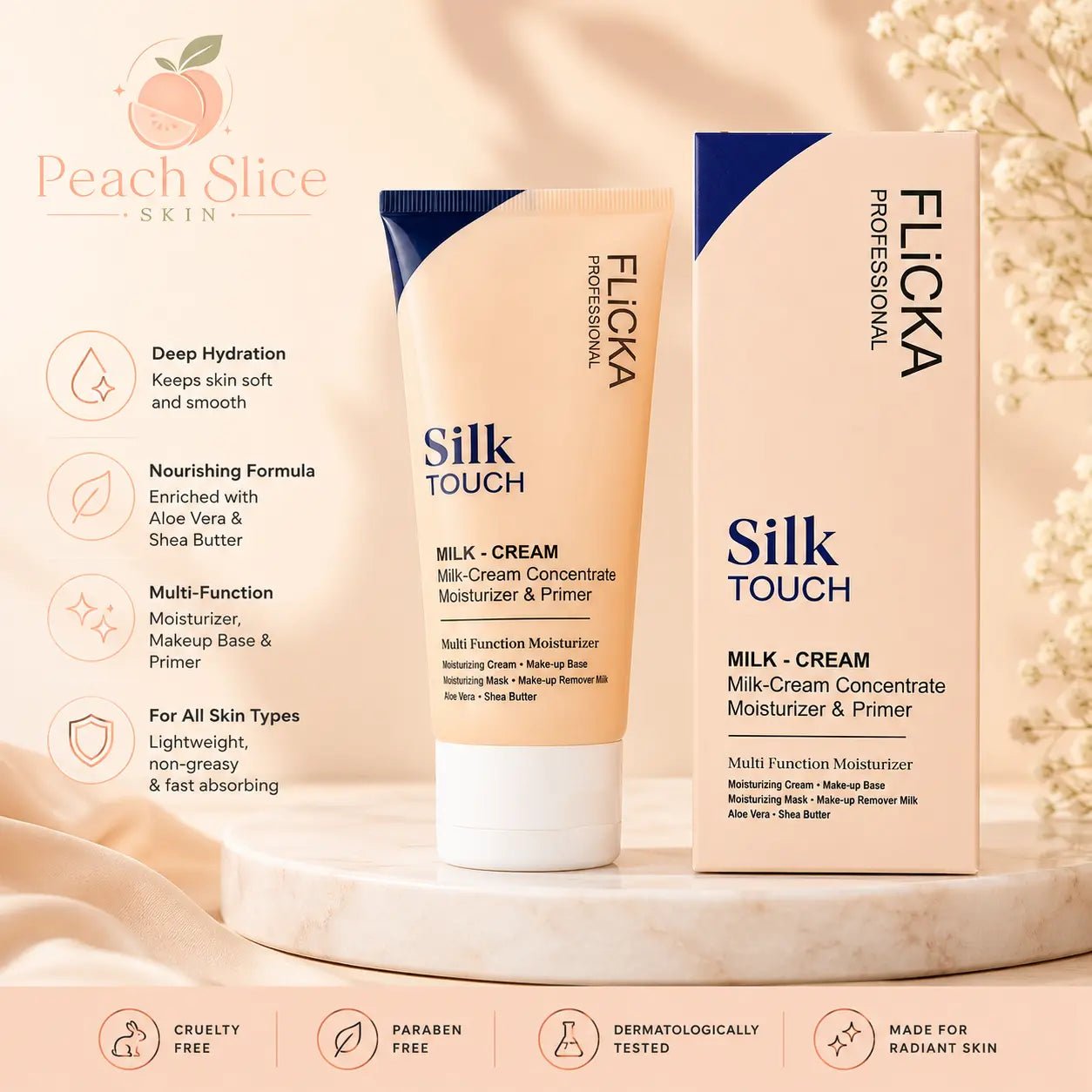 Flicka Silk Touch Milk Cream Concentrate 50g | Moisturizer & Makeup Primer | Face Moisturiser | Peach Slice Skin