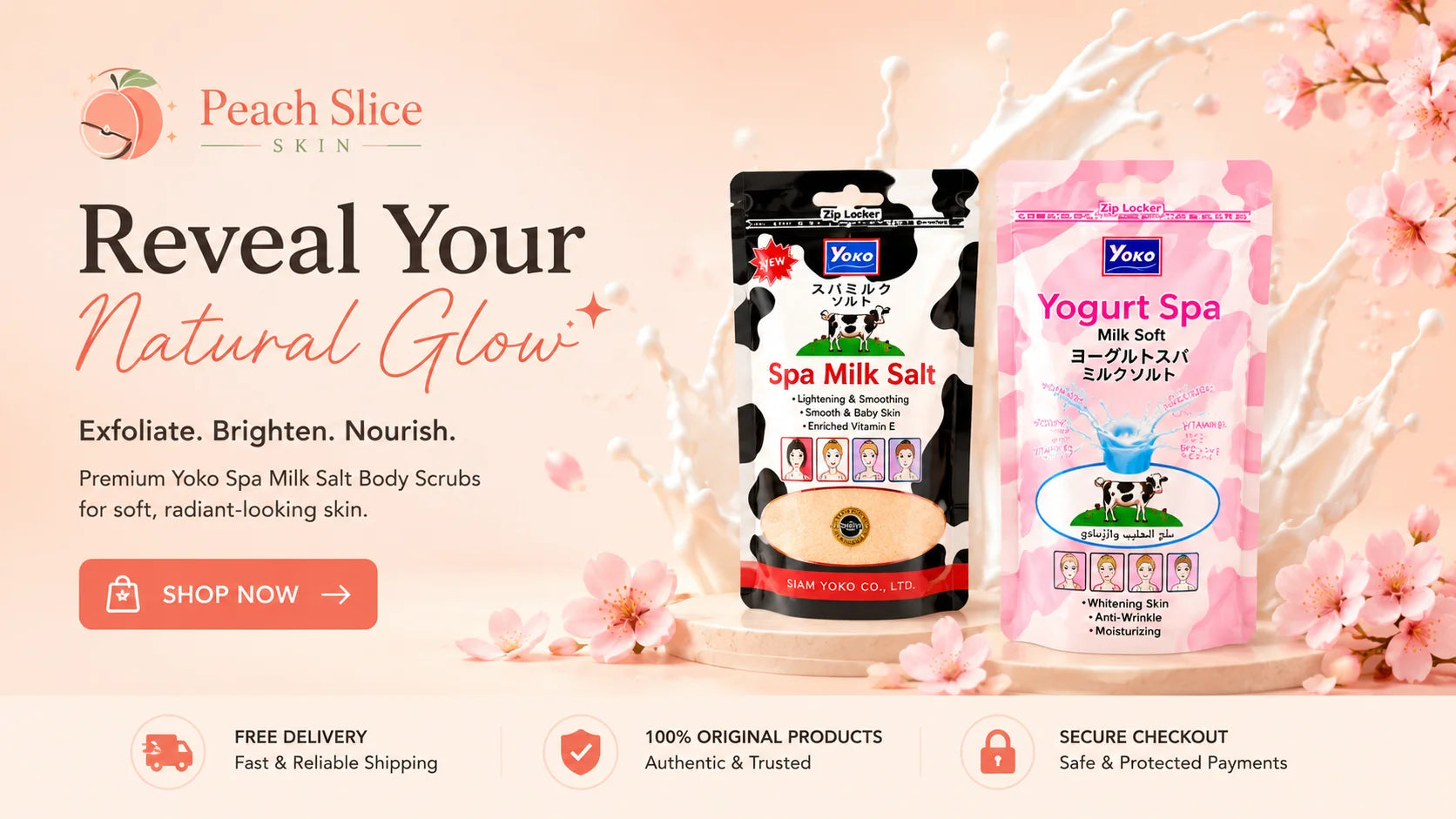 Peach Slice Skin homepage banner featuring Yoko Spa Milk Salt Original and Yogurt body scrub variants on a soft peach background with milk splash and cherry blossom elements.