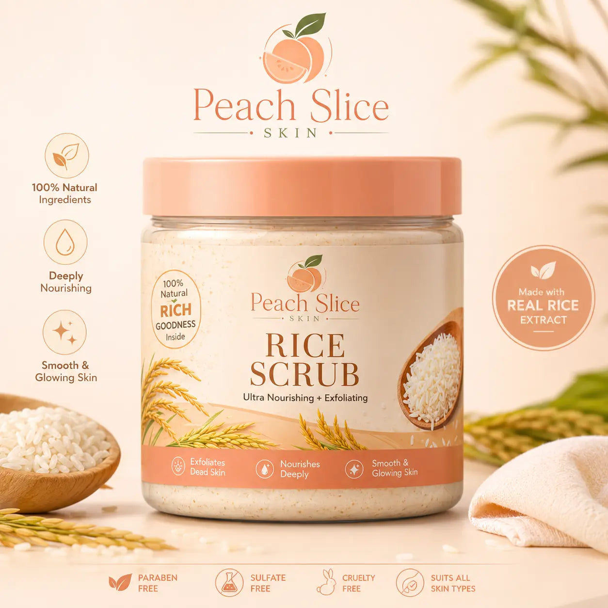 Peach Slice Skin Rice Scrub with Rice Extract for Gentle Exfoliation and Smooth Glowing Skin