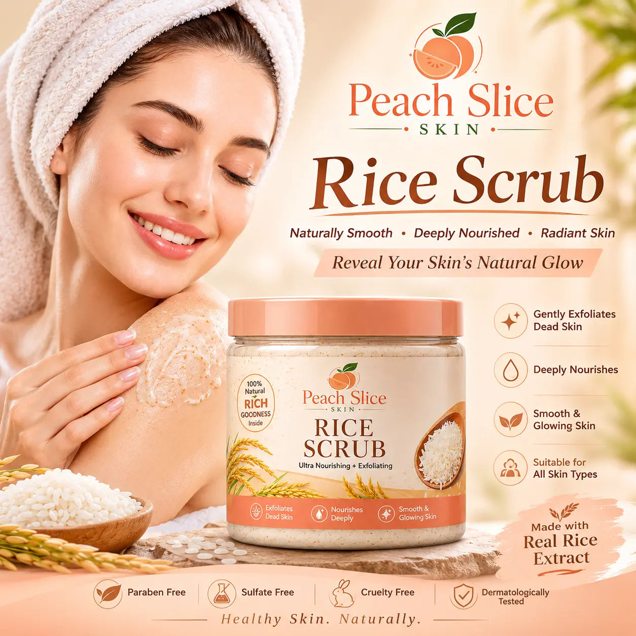 Peach Slice Skin Rice Scrub with Rice Extract for Gentle Exfoliation and Smooth Glowing Skin