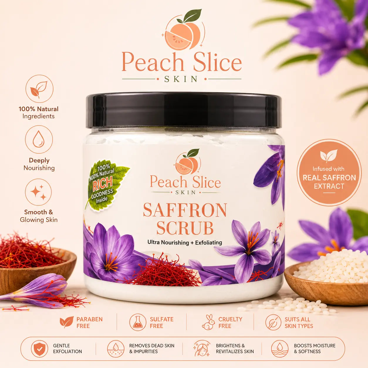 Peach Slice Skin Saffron Scrub with Real Saffron Extract for Gentle Exfoliation, Deep Nourishment, and Smooth Glowing Skin