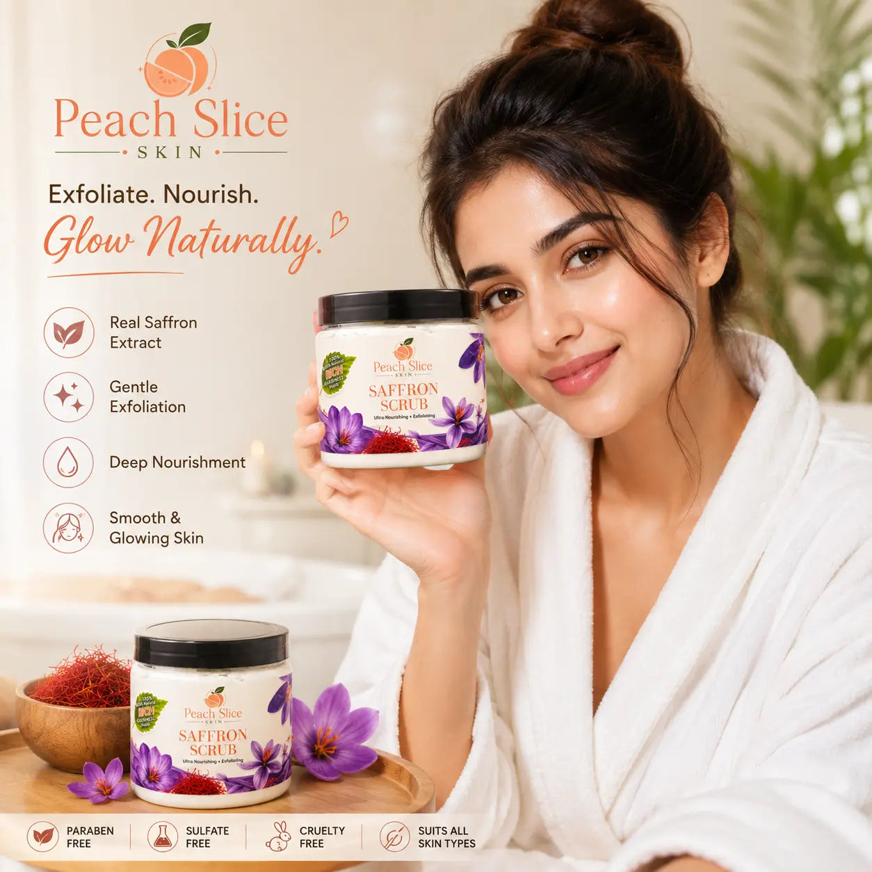 Peach Slice Skin Saffron Scrub with Real Saffron Extract for Gentle Exfoliation, Deep Nourishment, and Smooth Glowing Skin